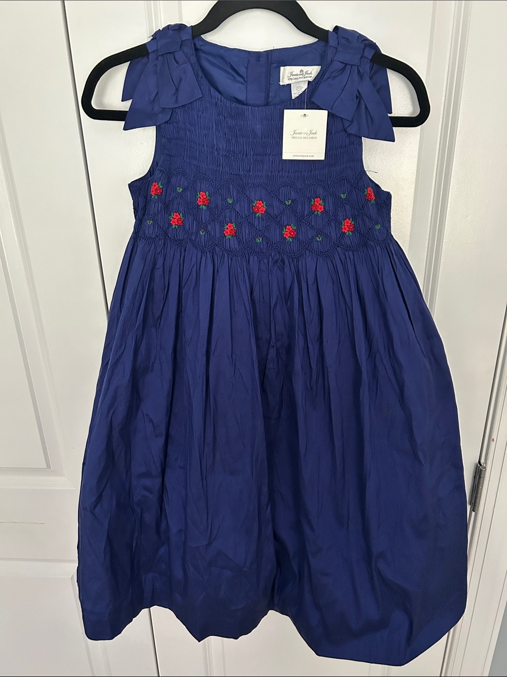 Janie and Jack 100% Silk Smocked Royal Blue Dress with Red Floral Embroidery